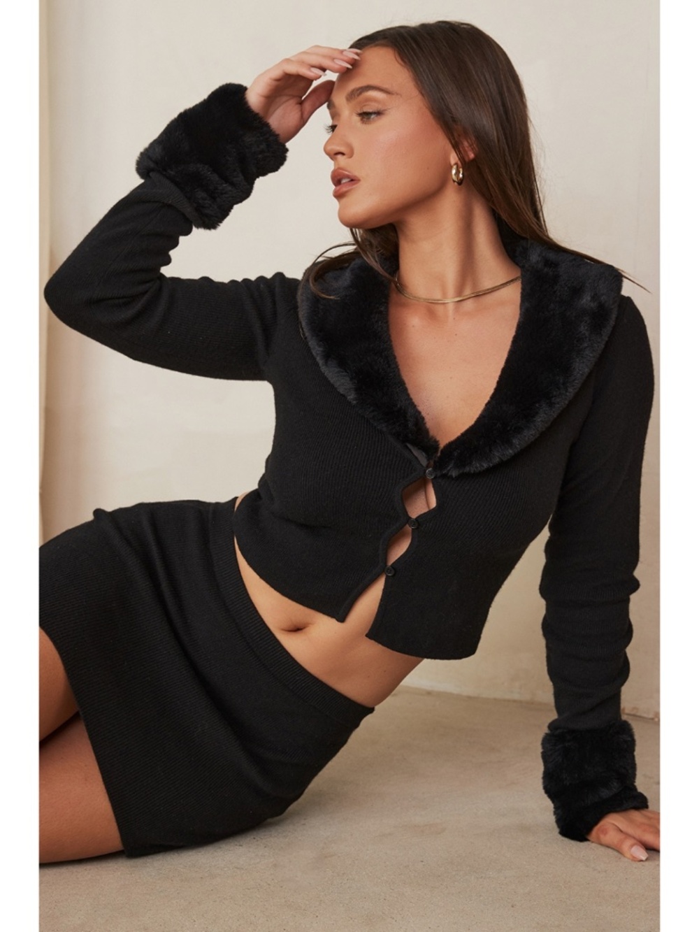NEW House of CB Blanche Faux Fur Trim Cardigan Black Medium